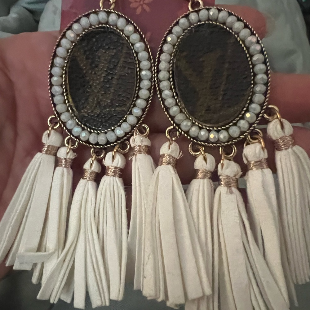 Upcycled LV Cream and Brown Tassel Earrings